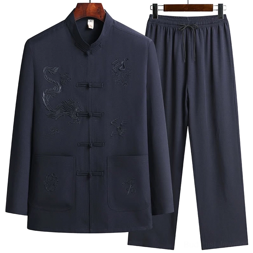 Navy blue dragon embroidered Tang suit - front hanging view with Chinese dragon pattern on navy top matched with navy drawstring straight pants