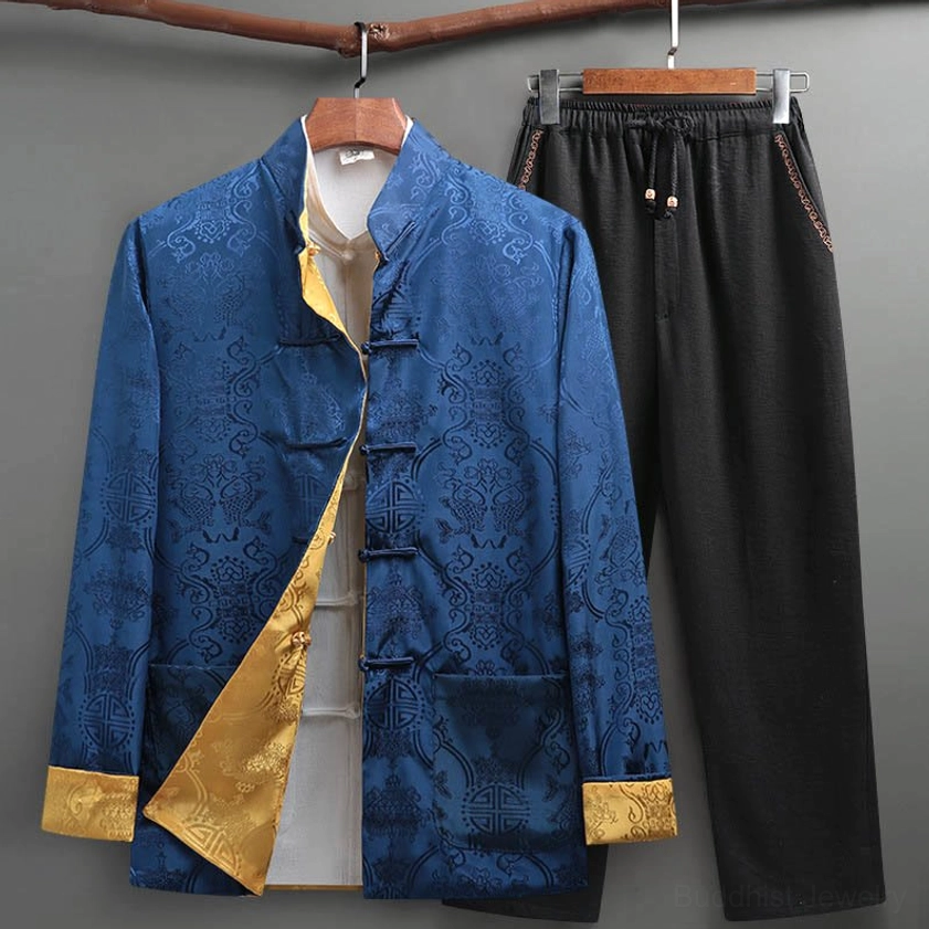Navy blue koi fish Tang suit set with gold contrast lining, jacket and pants studio display