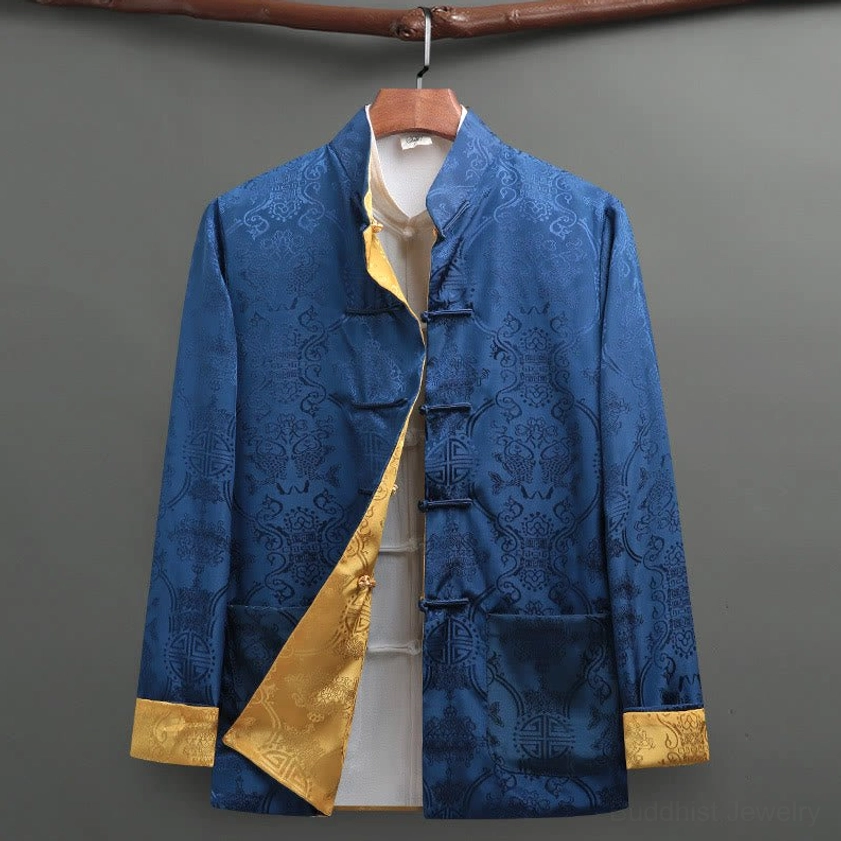 Navy blue Tang suit jacket with mandarin collar, gold contrast cuff lining, traditional pattern