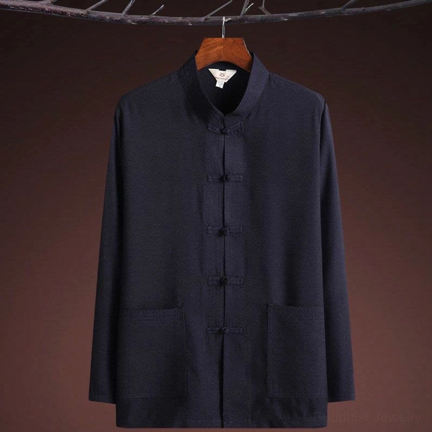 Dark navy Tang suit shirt with traditional Chinese frog button closure and stand collar