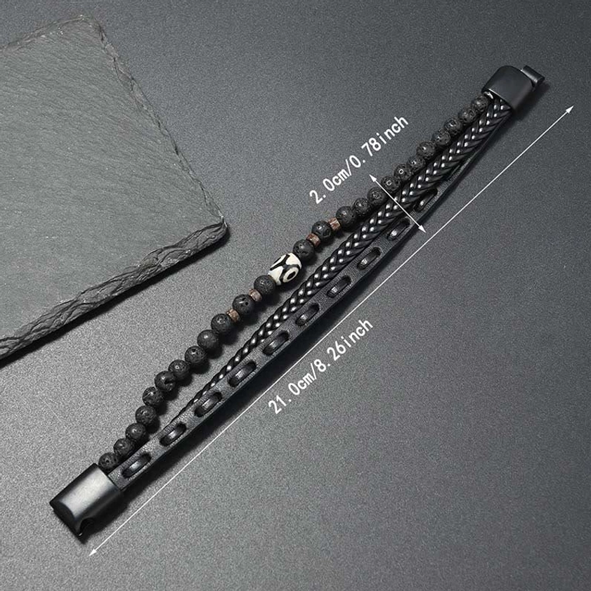 Full length nine-eye dzi bead lava rock bracelet flat lay measurement 21cm 8.26 inch