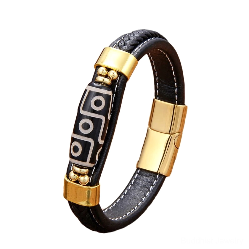 Front three-quarter view of Nine-Eye Dzi agate bead bracelet with dual gold clasps on clean background, showing detailed bead pattern