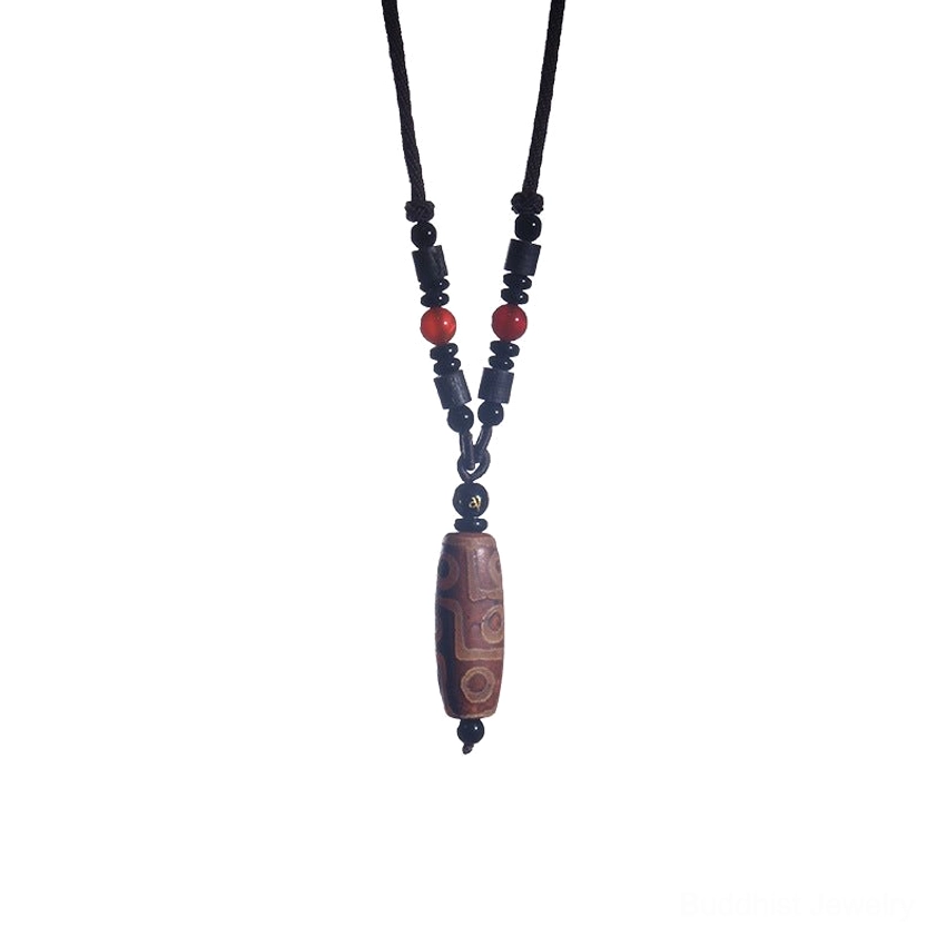 Long nine-eye dzi bead pendant necklace with brown dzi bead and black cord displayed in front view