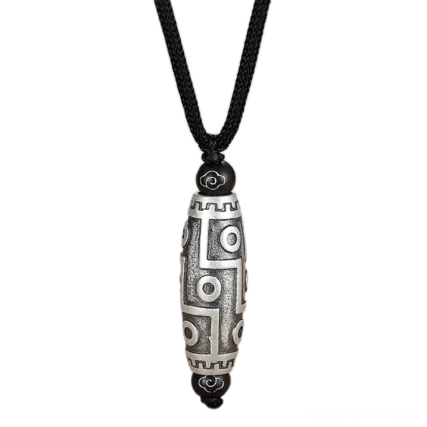 Nine-eye dzi Buddhist necklace front view on white background with clear pendant definition