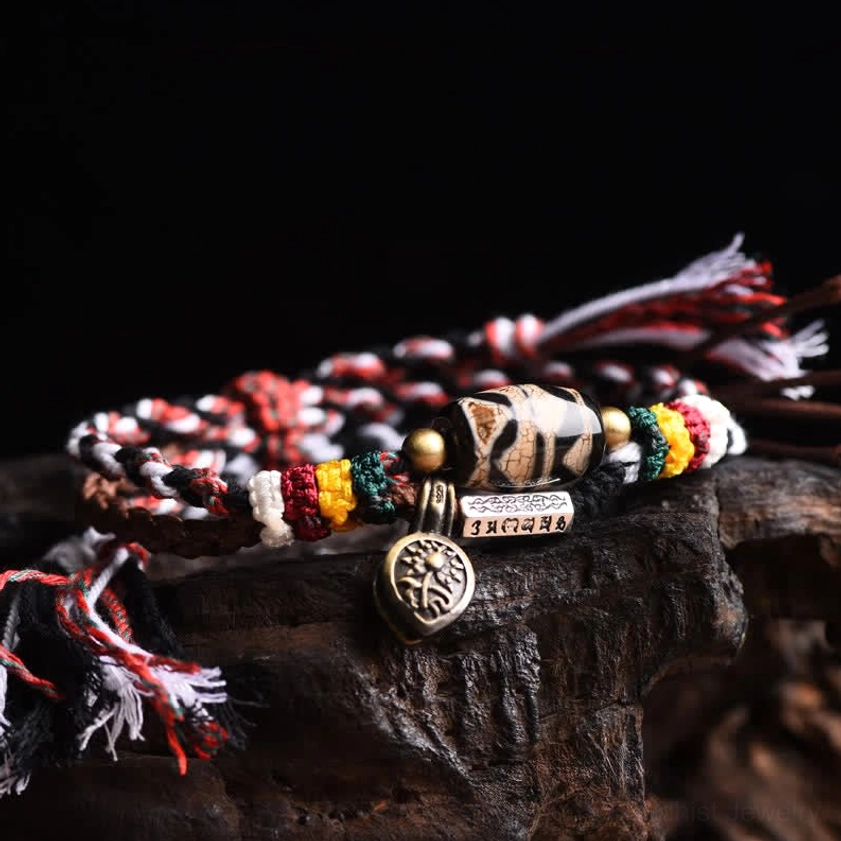 Nine-eye dzi bead Om Mani Padme Hum copper adjustable Buddhist prayer bracelet with multicolor woven rope and metal pendants