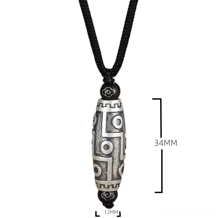 Nine-eye dzi bead pendant with size measurement indicators showing 34mm length and 12mm width dimensions