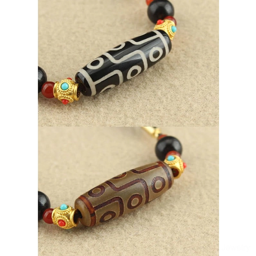 Nine-Eye Dzi Bead Buddhist necklace showing adjustable length and versatile wearing options for protection and prosperity