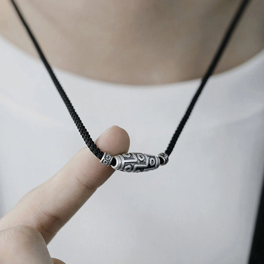 Nine-eye dzi pendant sterling silver necklace sizing guide showing 35-70cm adjustable length measurements in cm and inches