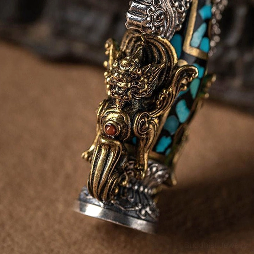 Nine-eye dzi bead turquoise buddha wealth necklace complete set with braided cord, showing full spiritual protection talisman design