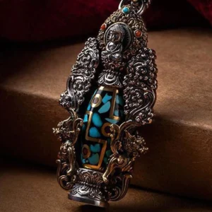 Nine-eye dzi bead turquoise buddha wealth necklace pendant with intricate filigree carvings and turquoise inlays for protection and prosperity