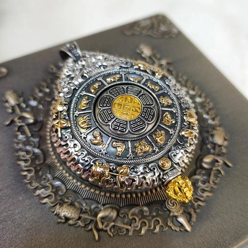 Nine palaces eight trigrams buddhist pendant top-down view with 3d carved totems in silver and gold finish