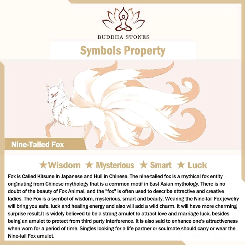 Nine-tailed fox amulet information card with white fox graphic, English text explaining spiritual meaning and Buddhist bracelet benefits