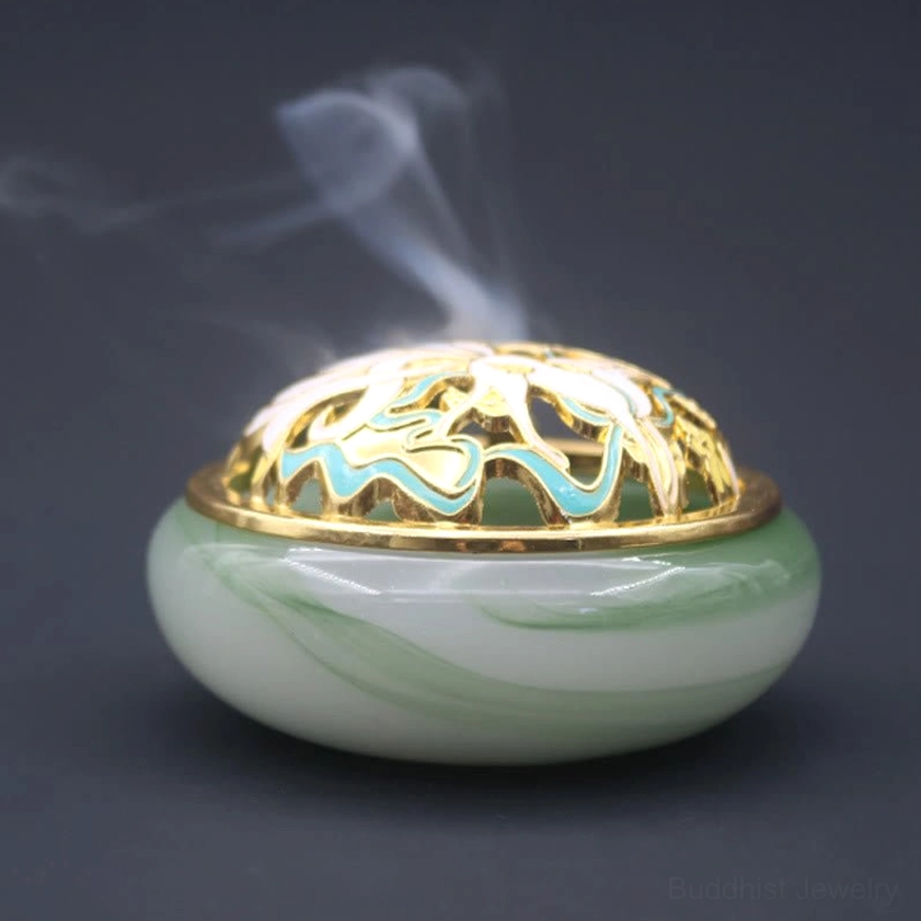 Nine-tailed fox incense burner placed on meditation altar with prayer beads and spiritual items for Buddhist practice and sacred space enhancement