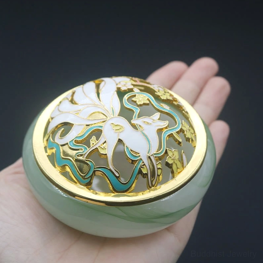 Nine-tailed fox incense burner meditation practice setup with burning incense creating aromatic smoke for Buddhist spiritual ritual and mindfulness practice