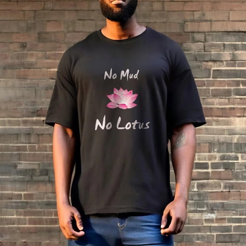 Male model wearing No Mud No Lotus Buddhist t-shirt against brick wall background