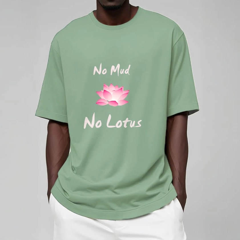 Man wearing No Mud No Lotus Buddhist t-shirt in pale green with lotus flower print