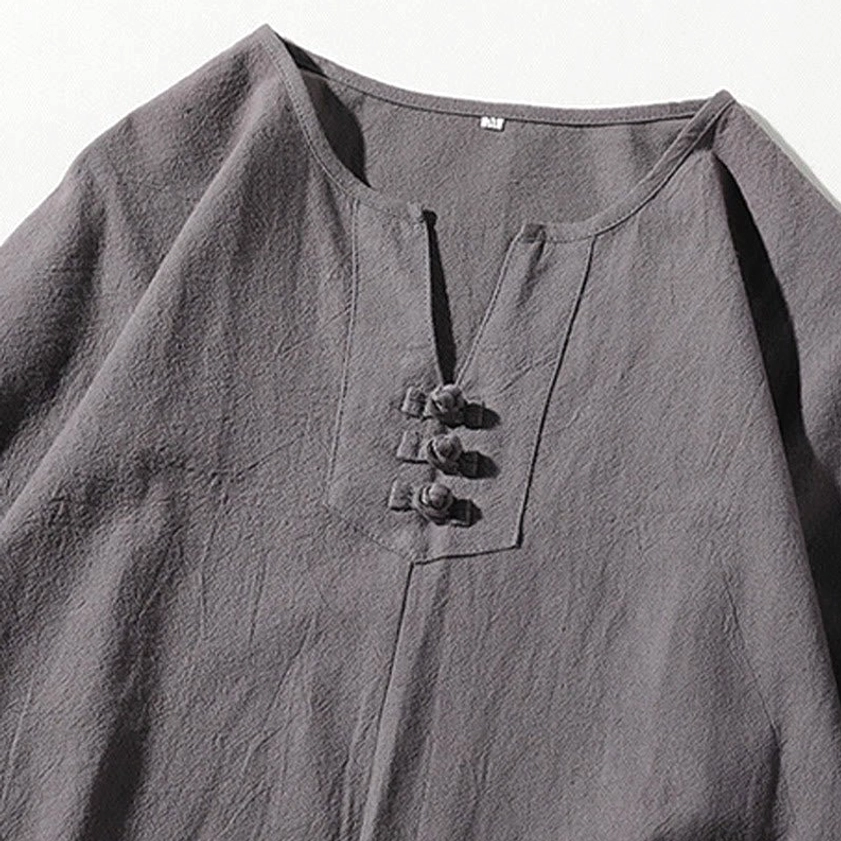 Notched collar neckline close-up - frog button placket detail on spiritual meditation clothing
