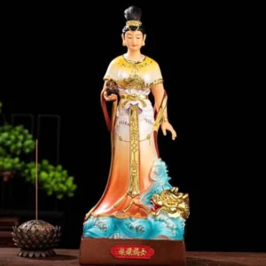 Standing Nuwa Bodhisattva resin statue full front view with golden dragon wave base and altar setting