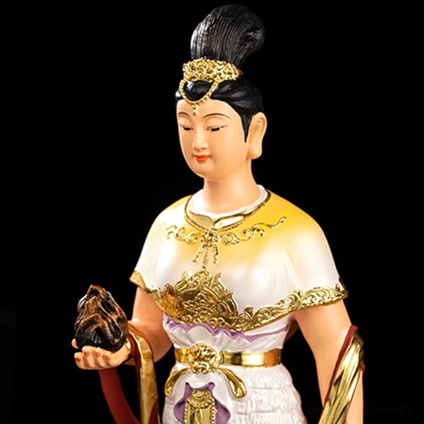 Nuwa Bodhisattva statue back view showing flowing robes and golden waist sash design