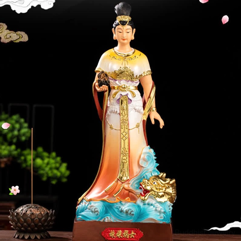 Nuwa Bodhisattva statue full front altar display with incense burner and flower decorations