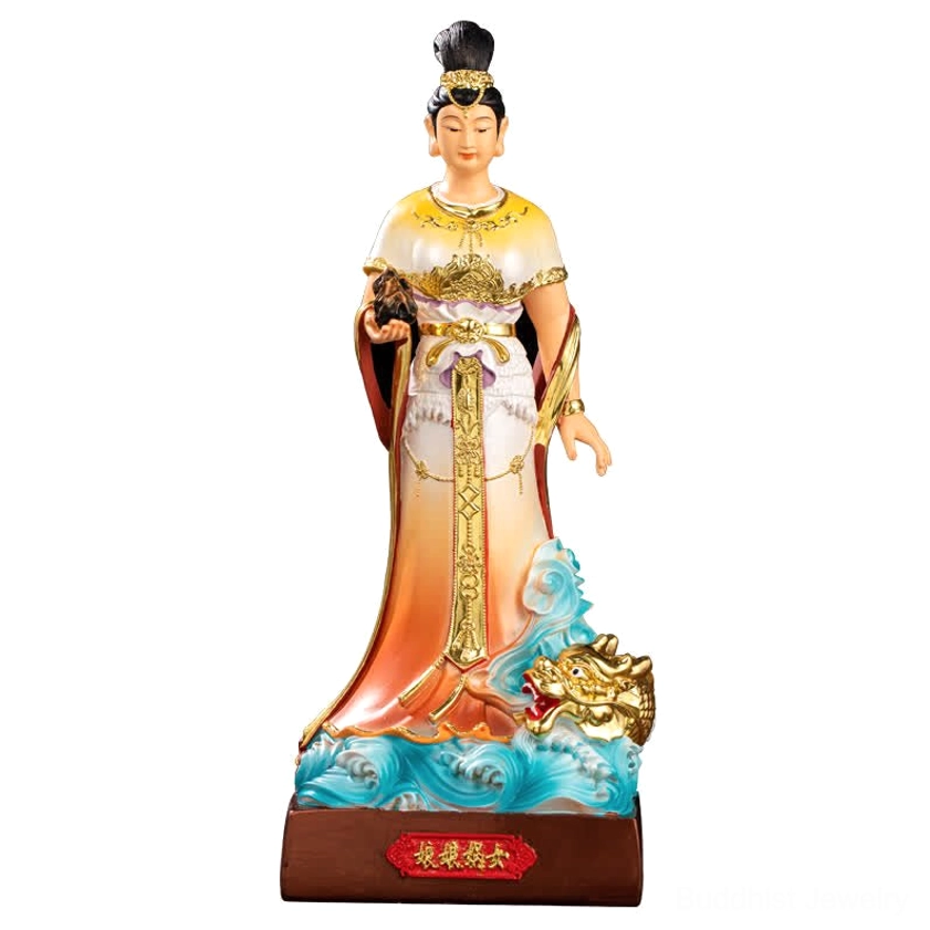 Nuwa Bodhisattva statue three-quarter right view with wave base and golden dragon sculpture