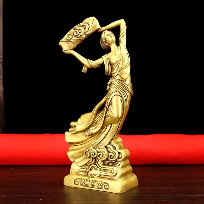 Nüwa mends the sky brass figurine direct front view showing cloud-patterned stone and elegant body posture