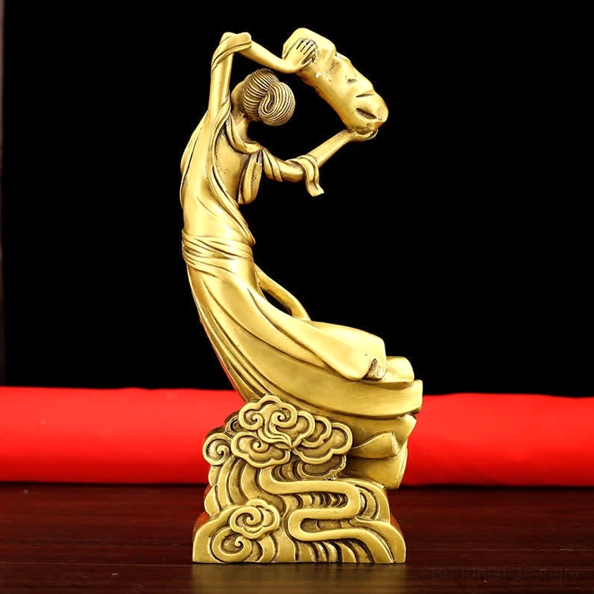 Brass Nüwa mending sky decor left rear full side view with stone held over shoulder and detailed flowing silk robes