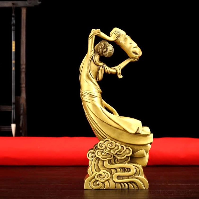 Copper Nüwa mending sky statue right rear side view showing intricate cloud pedestal and stone held above head