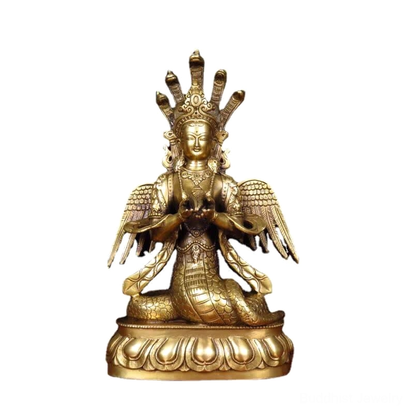 Complete Nuwa Buddha statue with antique brass patina showcasing full celestial form and meditation guardian presence