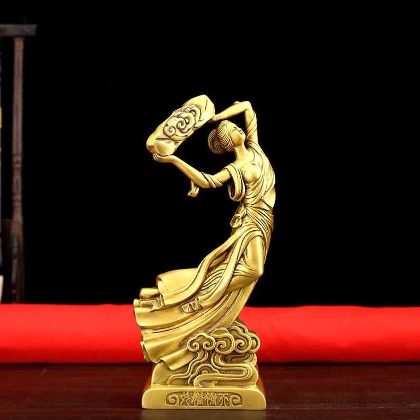 Handcrafted Nüwa mending the sky brass statue left front three-quarter view showing golden polished finish and cloud-carved pedestal base