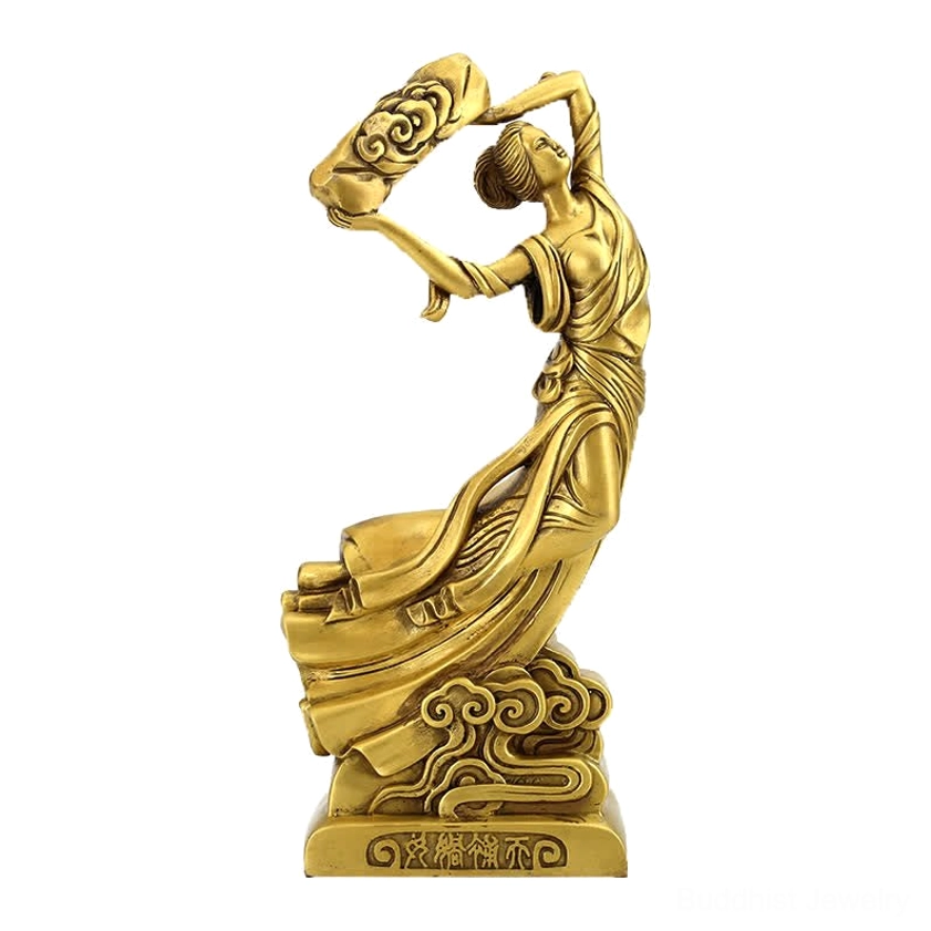 Bronze Nüwa restoration statue right rear full view displaying solid cloud-carved base and traditional craftsmanship