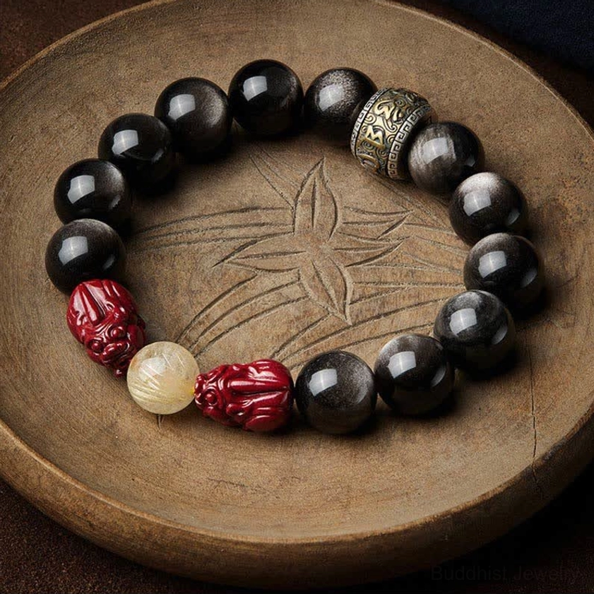 Gold sheen obsidian Buddhist protection bracelet with adjustable elastic sizing guide