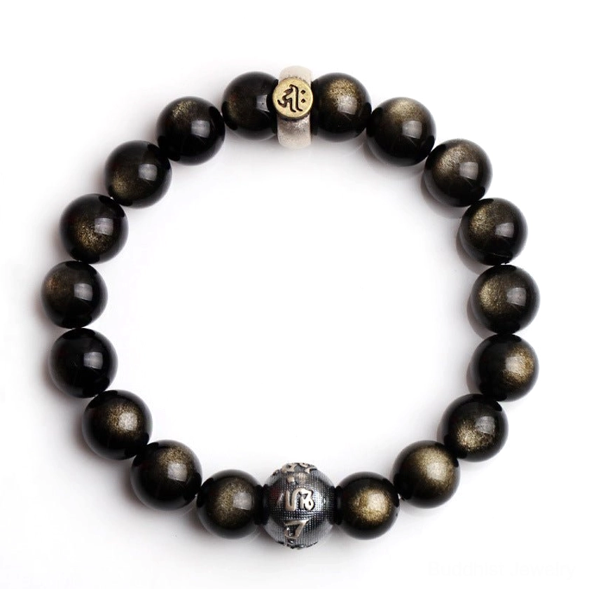 Gold sheen obsidian natal Buddha bracelet flat lay with two metal bead styles on white background