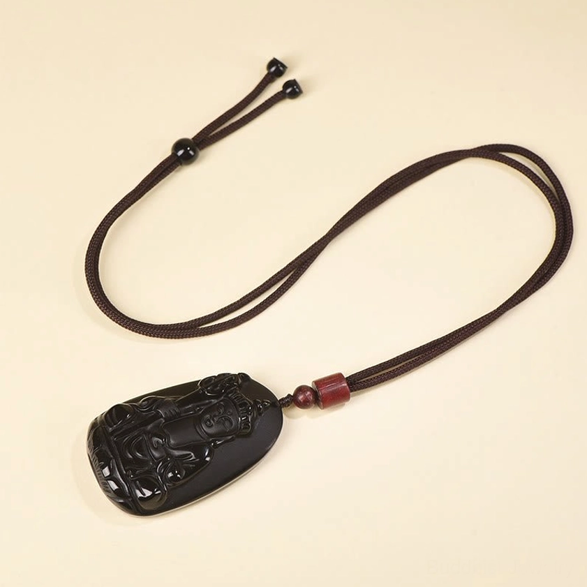Adjustable black obsidian Buddhist necklace pendant with interchangeable beaded cord set