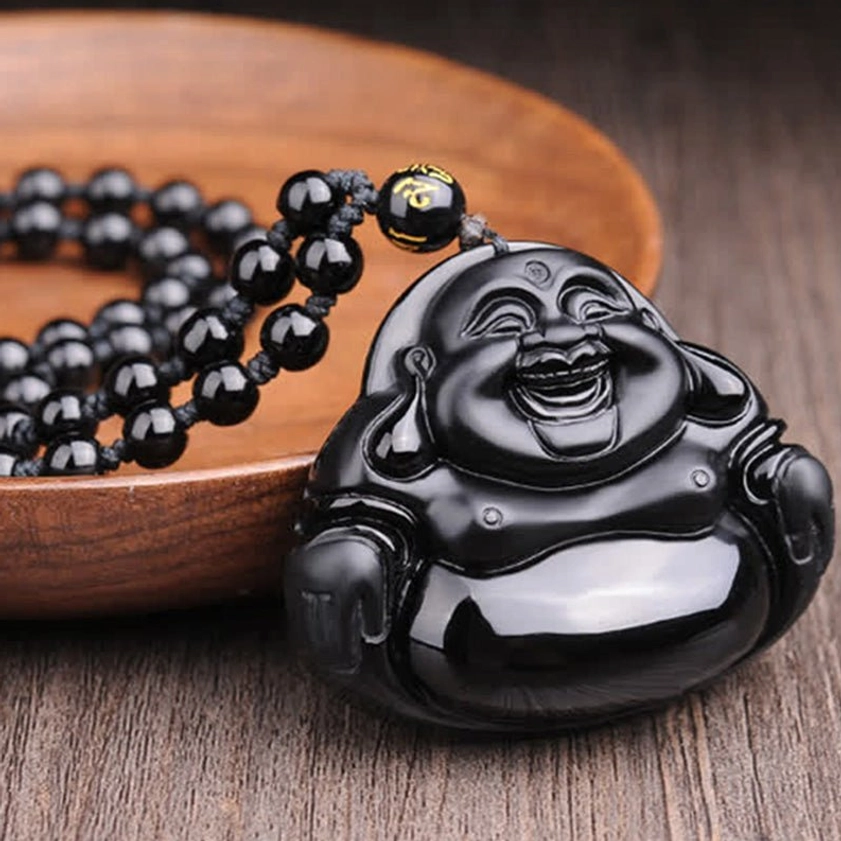 Back view of Black Obsidian Buddha pendant showing smooth flat surface and hanging loop detail