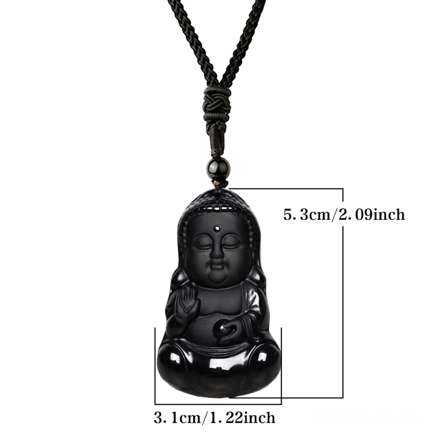 Black obsidian Buddha pendant with size measurement markers - height 5.3cm width 3.1cm specifications