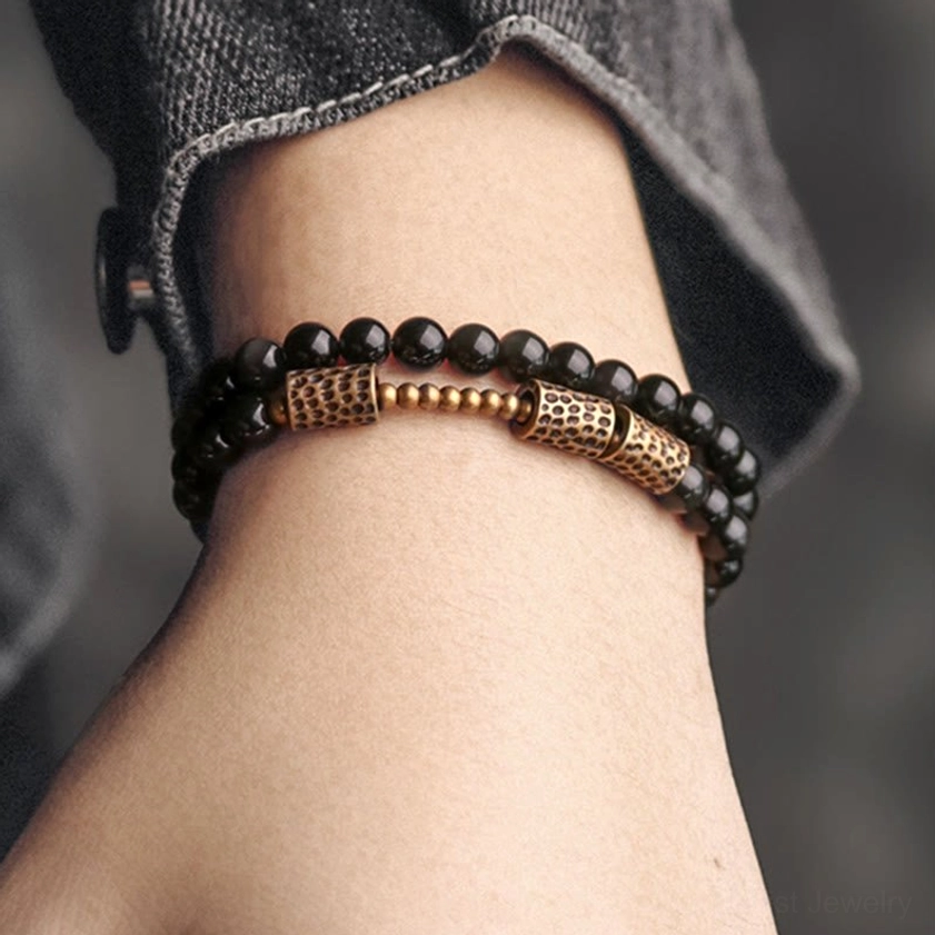 Rainbow obsidian copper double wrap bracelet lifestyle product shot highlighting spiritual healing and emotional balance properties for meditation and mindfulness