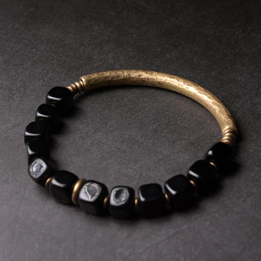 Engraved logo obsidian bead with hammered gold metal bar and polished black beads couple bracelet