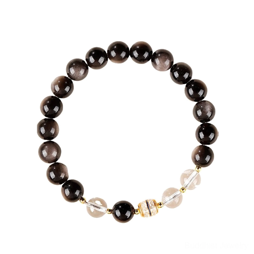 Silver Sheen Obsidian Buddhist protection bracelet featuring hand-painted Dzi bead for clarity, boundaries and spiritual guidance