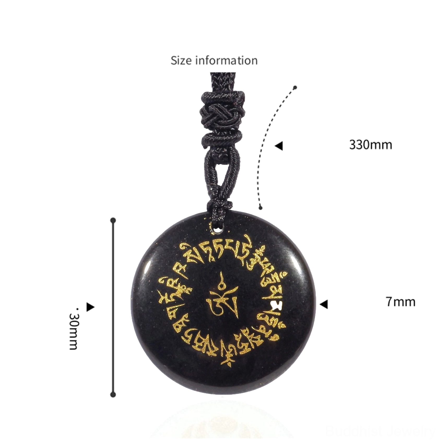 Black Obsidian Mantra Pendant Size Specification - 30mm Diameter with Thickness Measurement