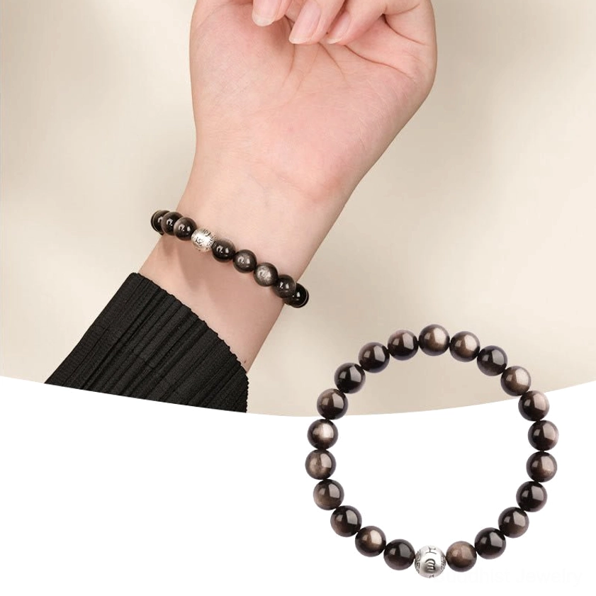 Handcrafted Silver Sheen Obsidian Om Mani Padme Hum Buddhist protection bracelet with engraved mantra beads minimalist styling