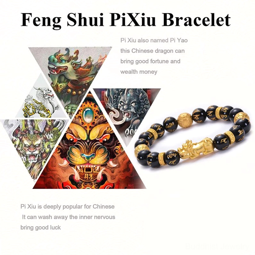Black obsidian and onyx beads with alloy Pi Xiu Buddhist bracelet product display detail view