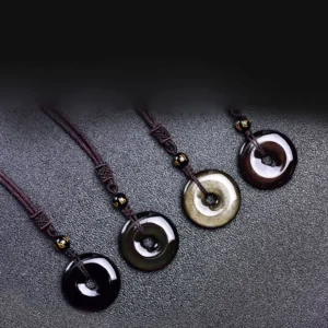 Black obsidian donut pendant necklaces - multi-color variants collection set flat lay