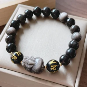 Silver Sheen Obsidian Pixiu Protection Bracelet with Om Mani Padme Hum mantra beads in gift presentation box