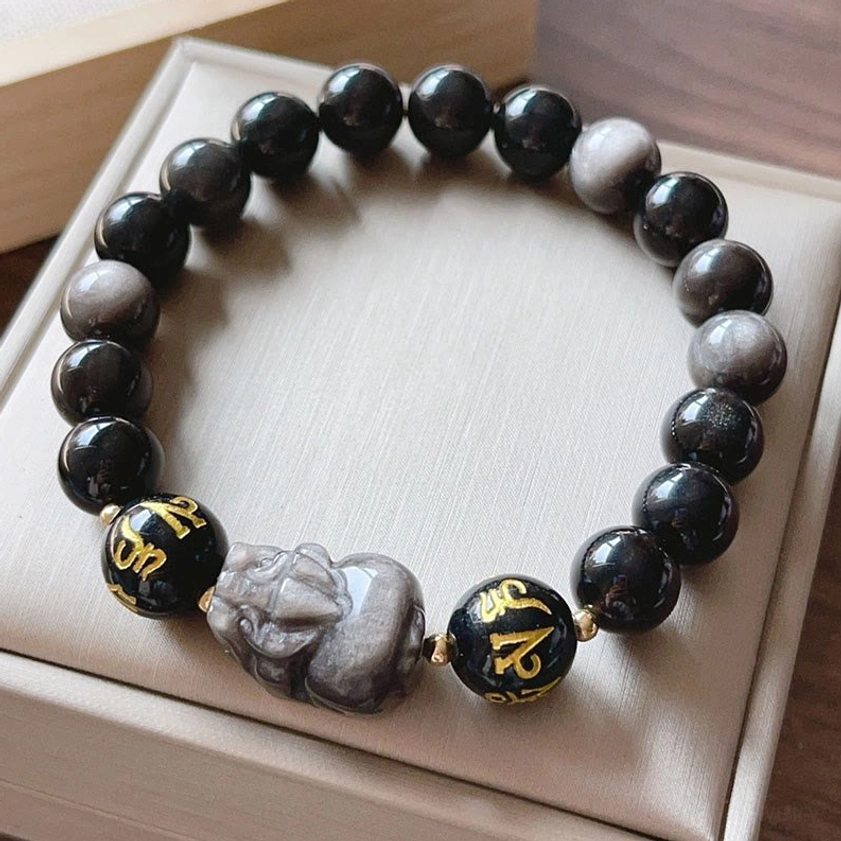 Silver Sheen Obsidian Pixiu Protection Bracelet with Om Mani Padme Hum mantra beads in gift presentation box