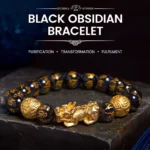 Black Obsidian Pixiu Wealth Bracelet with gold charm and engraved beads - top flat lay view
