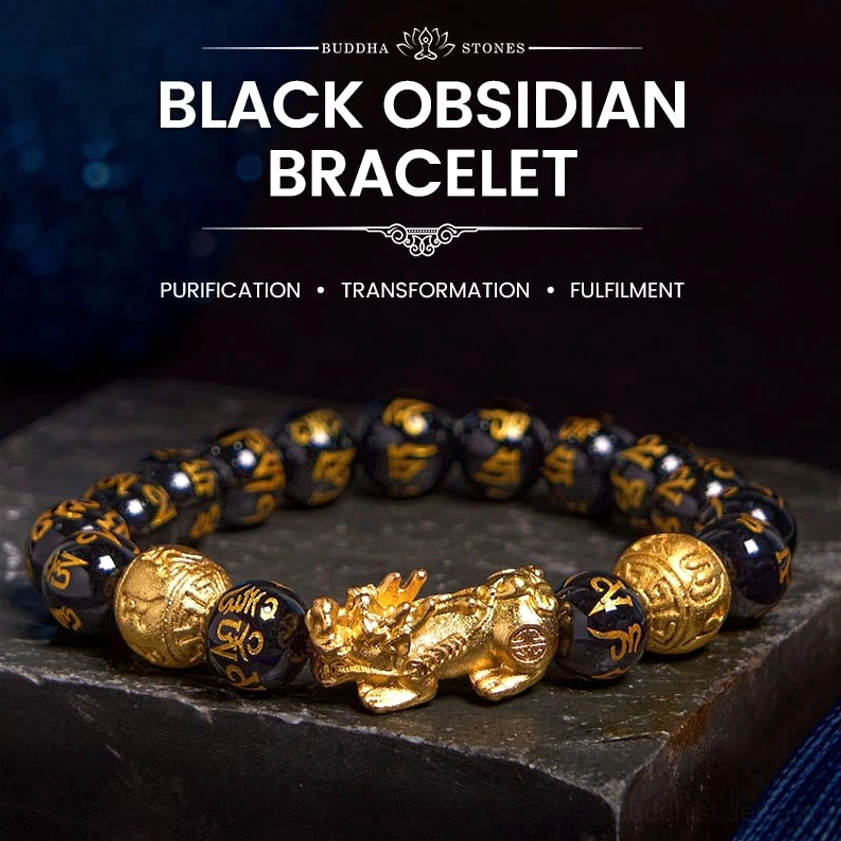 Black Obsidian Pixiu Wealth Bracelet with gold charm and engraved beads - top flat lay view
