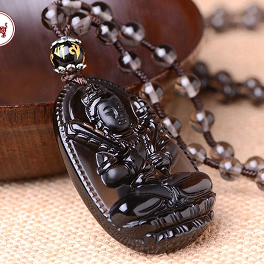 Seated Buddha carved black obsidian pendant necklace with engraved beads, right-top angled view