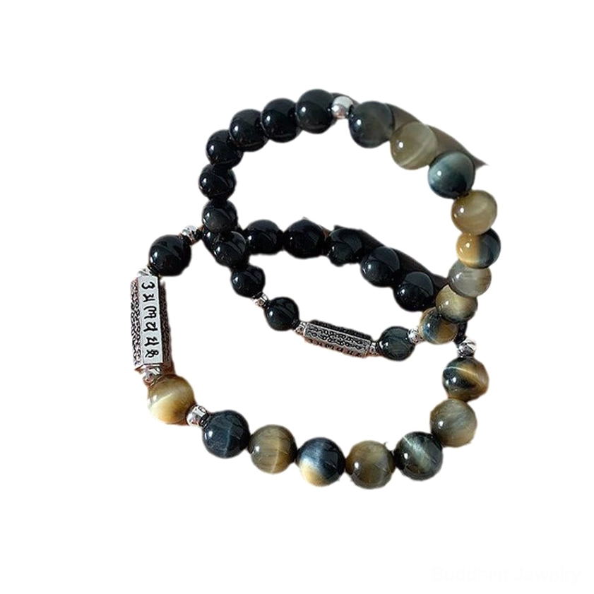 Black obsidian tiger eye Om Mani Padme Hum bracelet 10mm beads wrist circumference 17-18cm size option for larger wrists