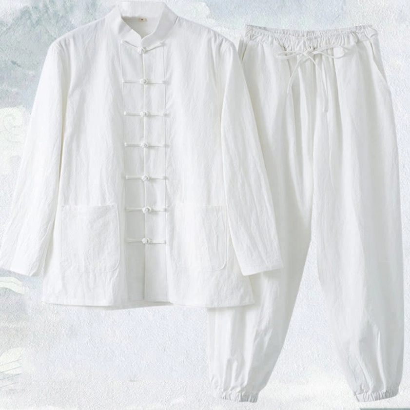 Off-white Tang suit flat lay - complete two-piece meditation set with tapered pants and traditional stand collar